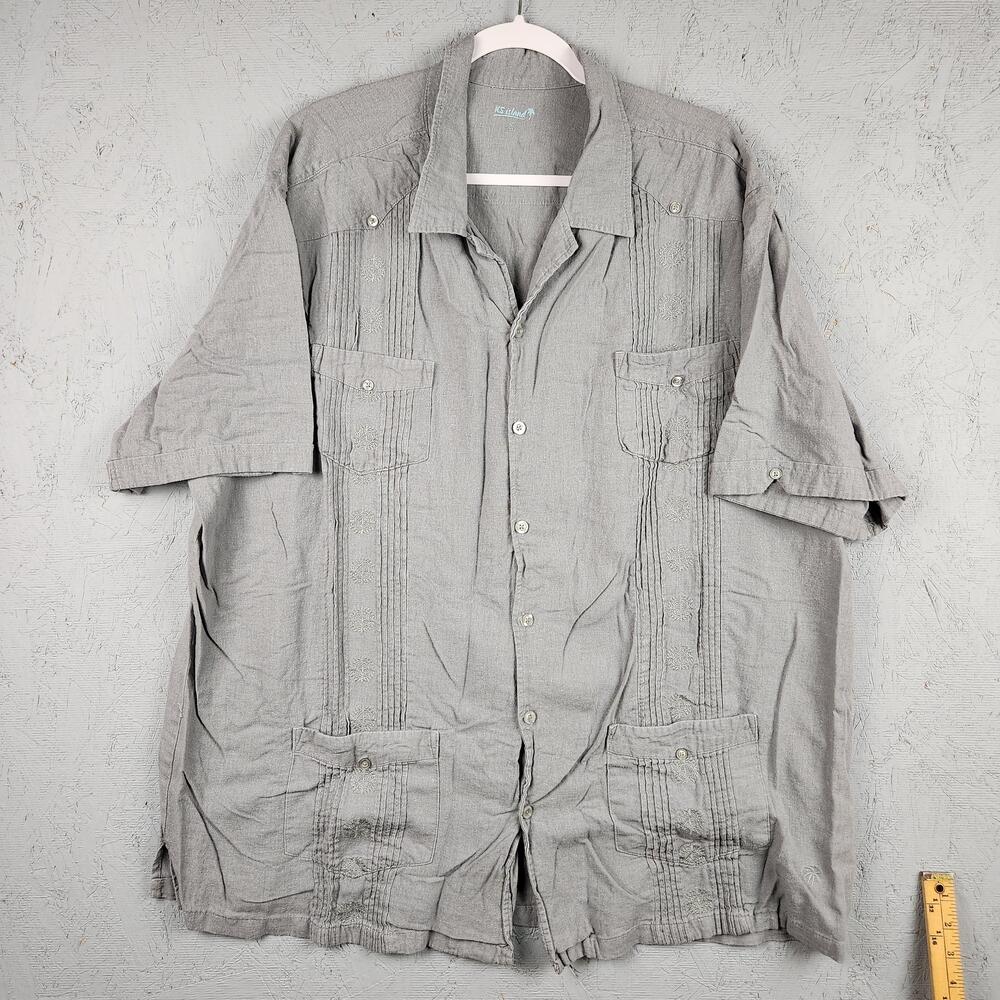 KS Island Guayabera Shirt Mens 2XL Tall Gray Linen Rayon Cuban Cigar Hawaiian